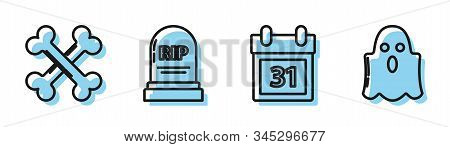 Set Line Calendar With Halloween Date 31 October , Crossed Bones , Tombstone With Rip And Ghost Icon