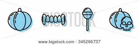 Set Line Lollipop , Pumpkin , Vampire Teeth And Pumpkin And Skull Icon. Vector