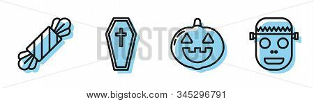 Set Line Pumpkin , Candy , Coffin With Christian Cross And Zombie Mask Icon. Vector