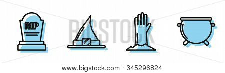 Set Line Zombie Hand , Tombstone With Rip, Witch Hat And Halloween Witch Cauldron Icon. Vector