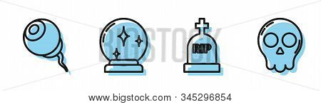 Set Line Tombstone With Rip, Eye , Magic Ball And Skull Icon. Vector