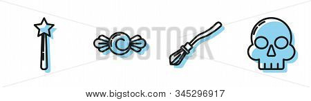 Set Line Witches Broom , Magic Wand , Candy And Skull Icon. Vector