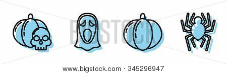 Set Line Pumpkin , Pumpkin And Skull , Funny And Scary Ghost Mask For Halloween And Spider Icon. Vec