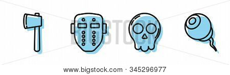Set Line Skull , Wooden Axe , Hockey Mask And Eye Icon. Vector