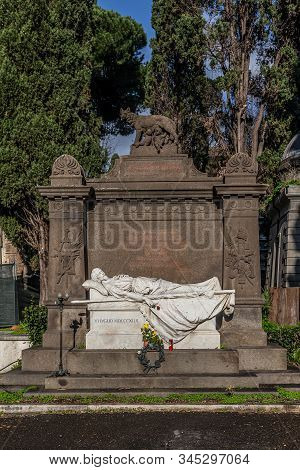 Rome, Italy - December 07, 2019:  Grave Monument In Cemetary Campo Verano ( Cimitero Monumentale Al 