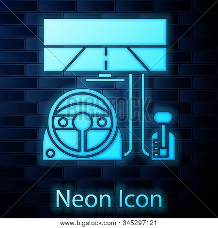 Glowing Neon Racing Simulator Cockpit Icon Isolated On Brick Wall Background. Gaming Accessory. Gadg
