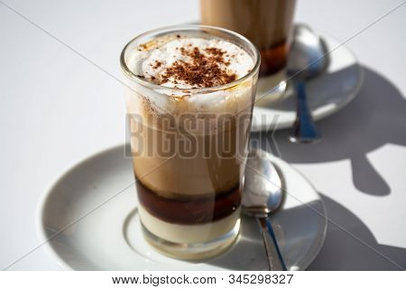 Special Coffee Of Canarian Islands In Spain, Sweet Barraquito Coffee With Layers And Alcohol Served 
