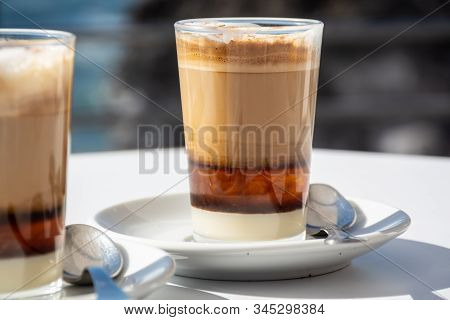 Special Coffee Of Canarian Islands In Spain, Sweet Barraquito Coffee With Layers And Alcohol Served 