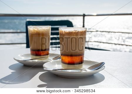 Special Coffee Of Canarian Islands In Spain, Sweet Barraquito Coffee With Layers And Alcohol Served 