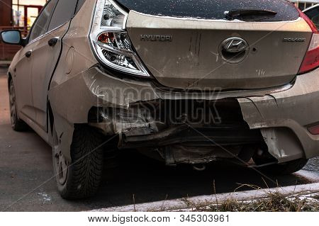Moscow, Russia - December 29, 2019: Hyundai Solaris Car A Broken Bumper Close-up. The Consequences O