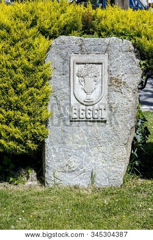 Stone Flag At The Entrance Of The Town's Name And Shield, Beget Spain Catalonia