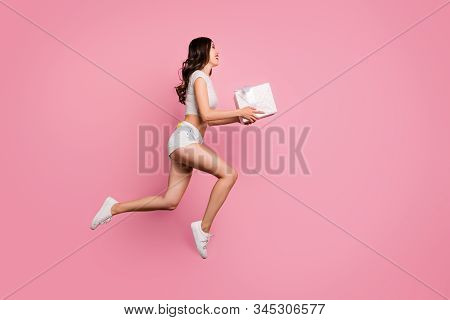 Full Length Body Size View Profile Side Of Nice Attractive Cheerful Cheery Wavy-haired Girl Jumping 