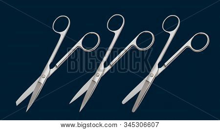 A Set Of Surgical Straight Scissors Of Articulated Type With A Different Shape Of The Blade. Vector 