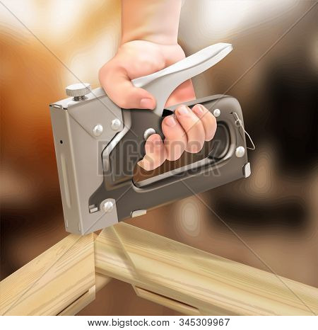 Construction Stapler In The Hand Of A Master. Wood Frame. Vector Illustration.
