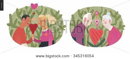 Couples In Love - Valentines Day Graphics. Modern Flat Vector Concept Illustration - Aged And Young 