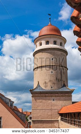 Lopsinger Tor (Gate) entrance to the Old Town of Nordlingen, a popular destination on Romantic Road touristic route in Bavaria, Germany