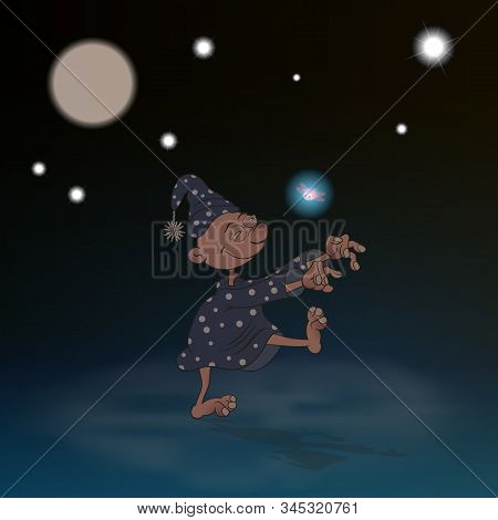 Cartoon Character Suffering From Sleepwalking Walks In A Dream. Coloring Vector Illustration With Co