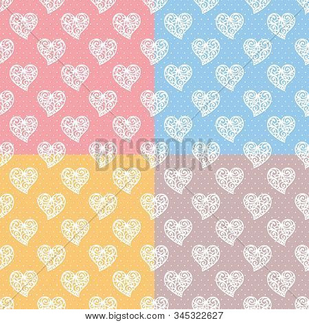 Set Of Seamless Patterns With Hearts. Romantic Background For 14 February Or Wedding Cards. Repeatin