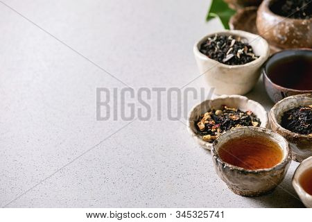 Variety Of Hot And Dry Tea Green And Black In Traditional And Wabi Sabi Style Fireclay Ceramic Craft