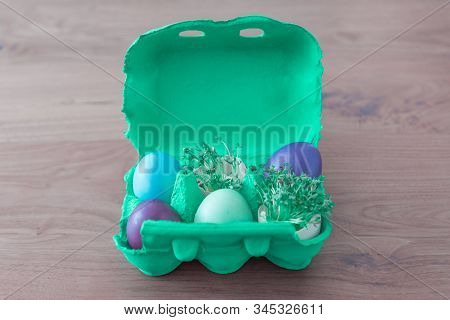 Decorative Handmade Easter Egg Present Box With Eggs And Cress. Beautiful Decoration Easternest Bask
