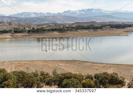 Motorboat On Beautiful Lake South From Marrakech, Morocco