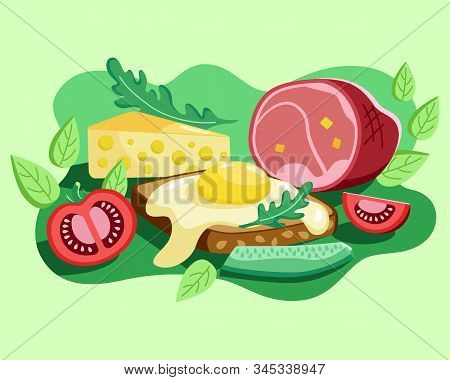 Breakfast Set With Fried Egg, Bread, Tomato, Cheese And Ham. 
Healthy Delicious Meal. Nutrition Prod
