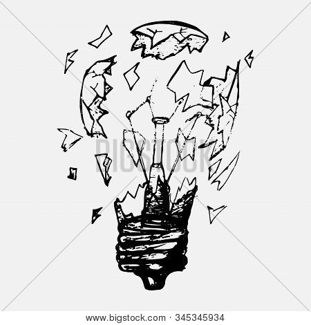 The Light Bulb Explodes To Pieces And The Glass Is Shattered. Hand-drawn Figure, Isolated Icon On A 