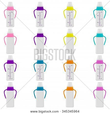 Illustration On Theme Big Colored Kit Baby Milk In Bottle With Rubber Pacifier. Baby Milk Bottle Con