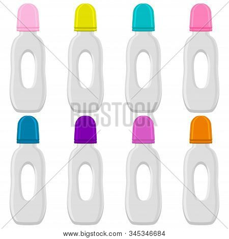 Illustration On Theme Big Colored Kit Baby Milk In Bottle With Rubber Pacifier. Baby Milk Bottle Con