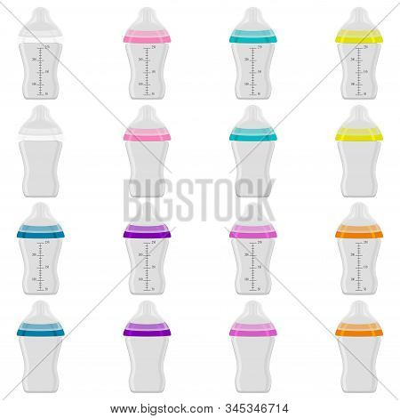 Illustration On Theme Big Colored Kit Baby Milk In Bottle With Rubber Pacifier. Baby Milk Bottle Con