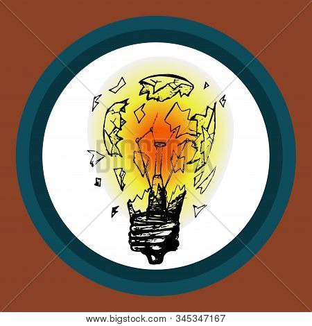 The Light Bulb Explodes To Pieces And The Glass Is Shattered. Proper Use Of Electricity. Hand-drawn 