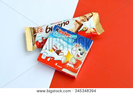 Kinder Chocolate Small Box For Kids And Bueno White Chocolate Bar Made By Ferrero Spa. Kinder Is A C