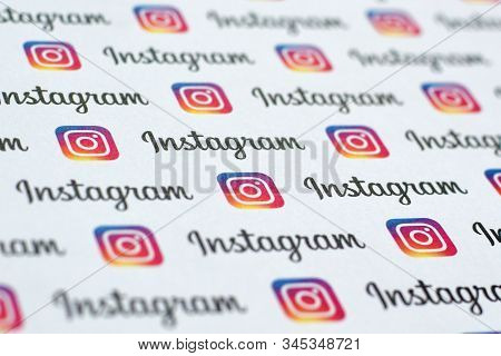 Instagram Pattern Printed On Paper With Small Instagram Logos And Inscriptions. Instagram Is America