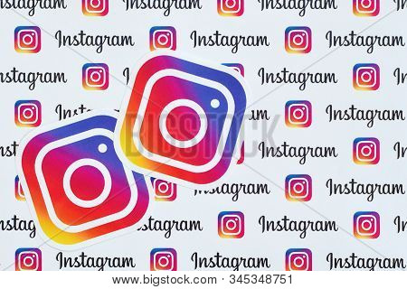 Instagram Pattern Printed On Paper With Small Instagram Logos And Inscriptions. Instagram Is America
