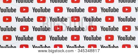 Youtube Pattern Printed On Paper With Small Youtube Logos And Inscriptions. Youtube Is Google Subsid