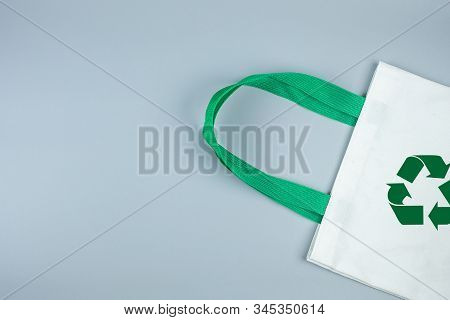 Eco Shopping Bag On Gray Background With Copy Space For Text. Environmental Protection, Zero Waste, 