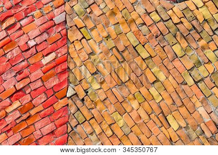 Red And Orange Surface Of Abstract Decorative Smalt Mosaic With High Resolution For Background. Mult