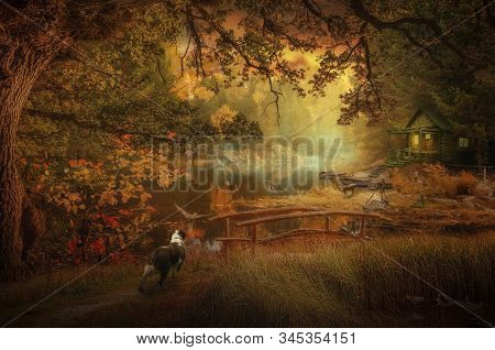 Old House In Autumn On The Shore Of A Calm Pond