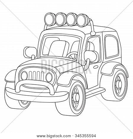 Car With Lights Over The Cab In Black Outline, Isolated Object On A White Background,