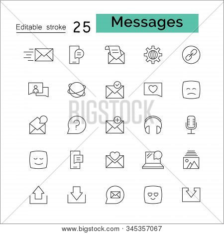 Media And Communication Message Related Line Outline Vector Icons. Includes Such As Phone Calls, Vid