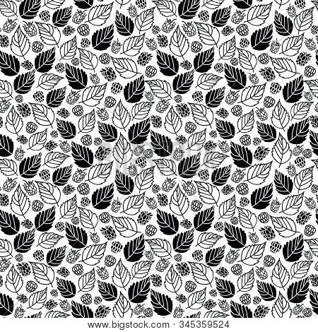 Vector Black And White Background Raspberry And Leafs Seamless Background Texture