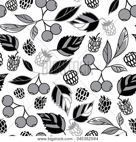 Vector White Background Leaf Berries Seamless Pattern.