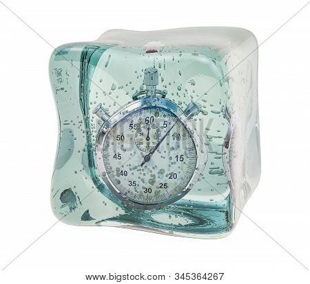 Stopwatch Frozen In Ice Cube. Freeze Time Concept, 3d Rendering Isolated On White Background