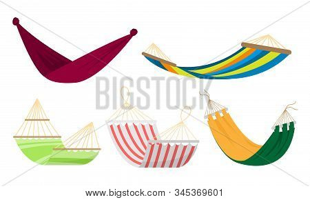 Set Of Various Types Of Colorful Rope Hammocks. Vector Set Illustration In Flat Cartoon Style.