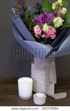 The Original Bouquet In Vintage Style And Candles On A Dark Background, Selective Focus