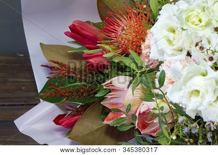 Detail Closeup Of Original Bouquet In Vintage Style On A Dark Background, Selective Focus