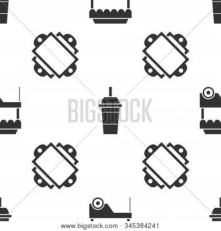 Set Fast Street Food Cart With Awning, Paper Glass With Drinking Straw And Water And Ticket On Seaml