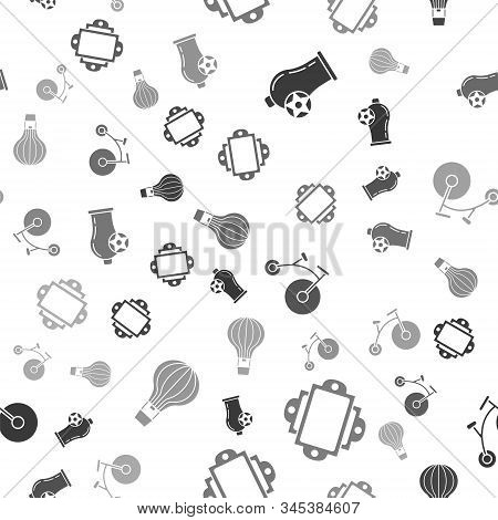 Set Cannon, Ticket, Vintage Bicycle With One Big Wheel And One Small And Hot Air Balloon On Seamless