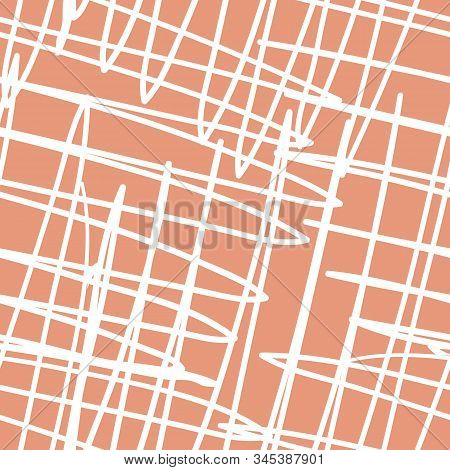 Vector Hand Drawn Diagonal Scribbled Doodle Lines In Criss Cross Design. Seamless Pattern On Pink Ba