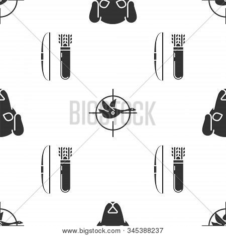 Set Hunting Dog, Hunt On Duck With Crosshairs And Bow And Arrow In Quiver On Seamless Pattern. Vecto